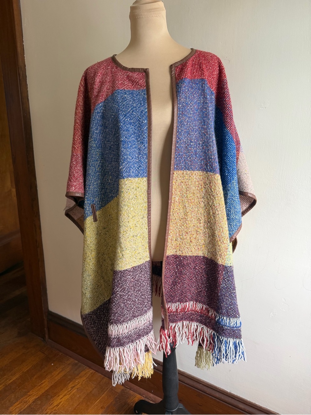 Nomad Morgan Carper Wool Blend Colorblock Fringe Poncho Cape M/L Boho